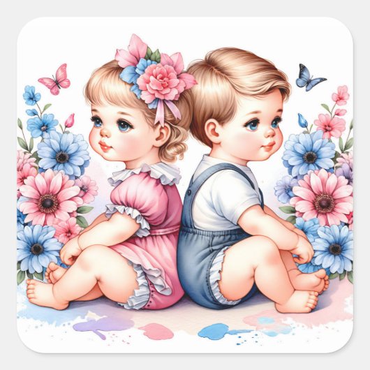 Schattigee tweeling | Jongen en meisje Vierkante Sticker (Voorkant)