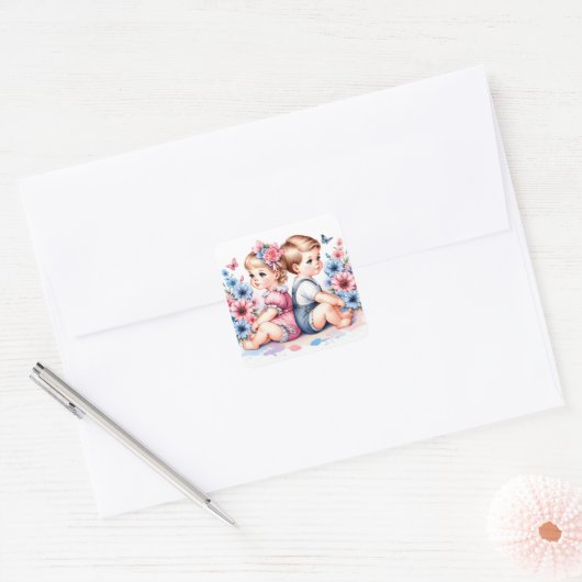 Schattigee  tweeling | Jongen en meisje Vierkante Sticker (Envelop)