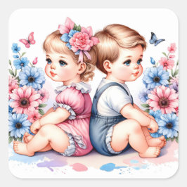 Schattigee  tweeling | Jongen en meisje Vierkante Sticker