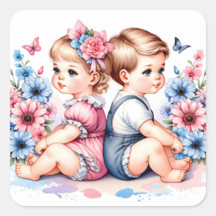 Schattigee  tweeling   Jongen en meisje Vierkante Sticker