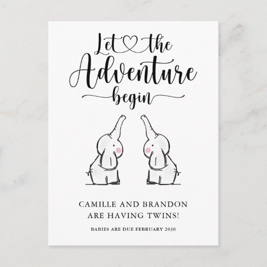 Schattigee tweeling olifanten zwangerschapsaankond aankondigingskaart (Voorkant)