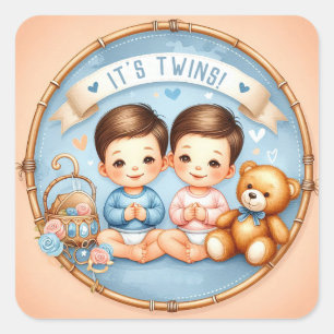Schattigee Twin Boys Baby shower Waterverf Teddy B Vierkante Sticker