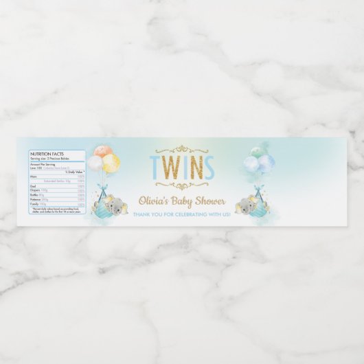 Schattigee Twin Boys Olifant Baby shower Sprinkle Waterfles Etiket (Enkel label)