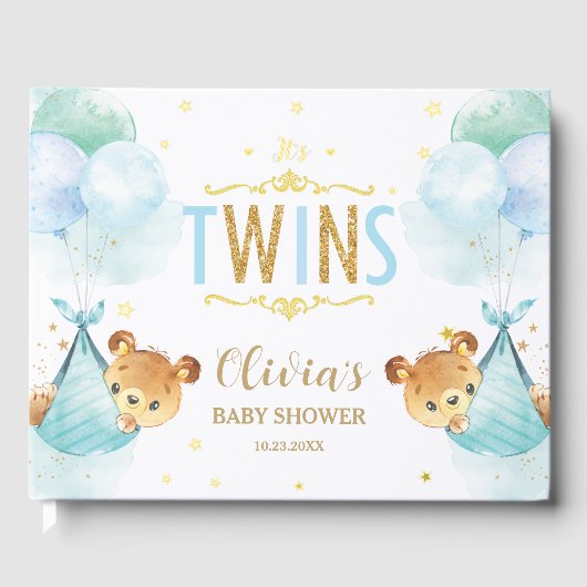 Schattigee Twin Boys Teddy Bears Twins Baby shower Gastenboek (Voorkant)