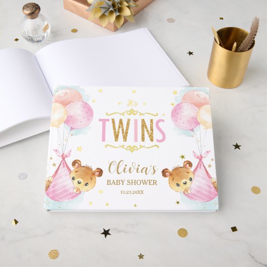 Schattigee Twin Girls Teddy Bears Twins Baby showe Gastenboek (Voorkant open)
