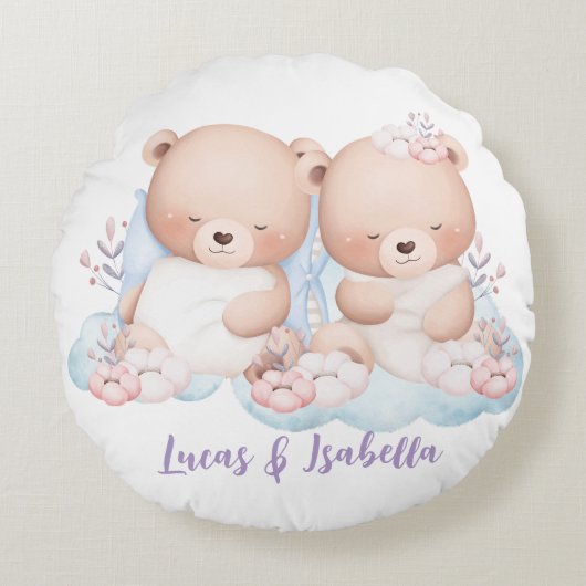 Schattigee Twin Teddy Bear baby shower Party Boy G Rond Kussen (Voorkant)