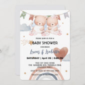 Schattigee Twin Teddy Bear Star Ballon baby shower Bedankkaart (Voorkant / Achterkant)