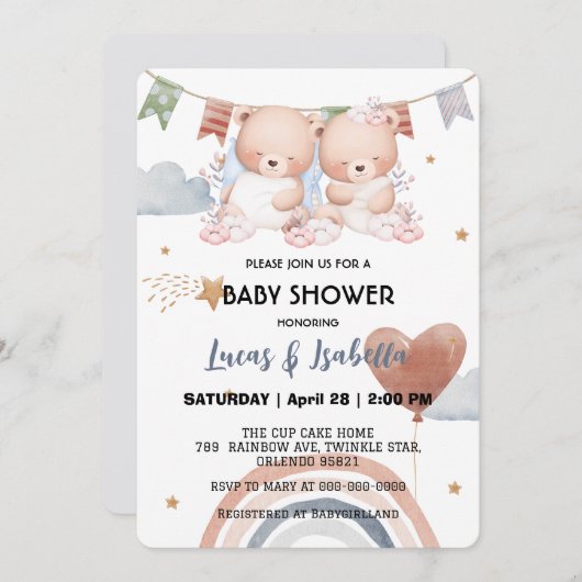 Schattigee Twin Teddy Bear Star Ballon baby shower Bedankkaart (Voorkant / Achterkant)