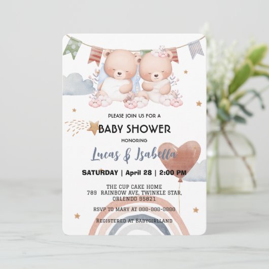 Schattigee Twin Teddy Bear Star Ballon baby shower Bedankkaart (Staand voorkant)