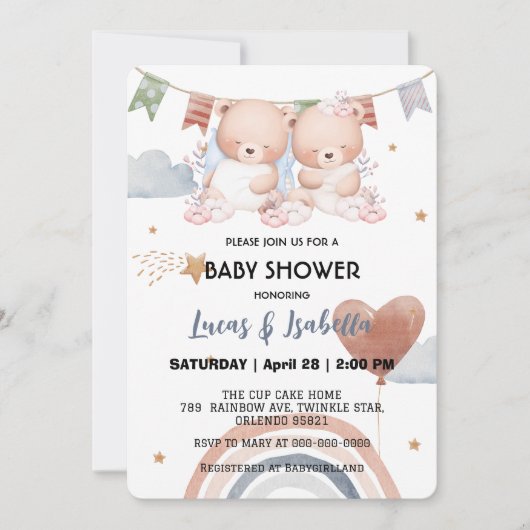 Schattigee Twin Teddy Bear Star Ballon baby shower Bedankkaart (Voorkant)