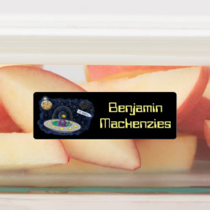 Schattigee ufo ruimte cartoon illustratie geperson labels