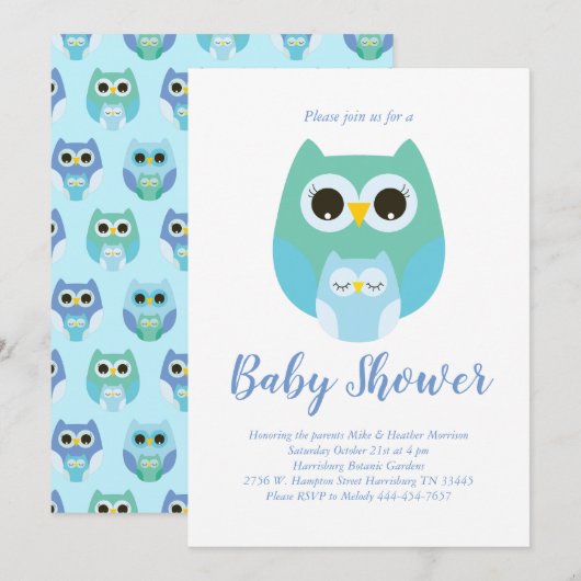 Schattigee Uil Baby shower Blue Bird Boy Kaart (Voorkant / Achterkant)