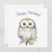 Schattigee Uil beige en blauwe waterverf Feestdagenkaart (Voorkant / Achterkant)