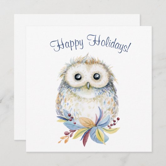 Schattigee Uil beige en blauwe waterverf Feestdagenkaart (Voorkant / Achterkant)