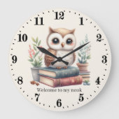 Schattigee uil boek nook welkom tekst lezen toevoe grote klok (Voorkant)