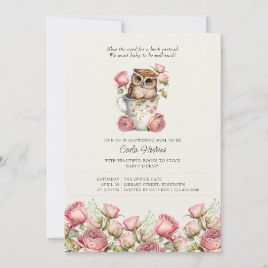 Schattigee Uil en Rozen Boeken voor Baby shower Kaart (Voorkant)