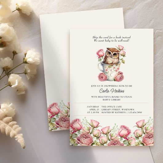 Schattigee Uil en Rozen Boeken voor Baby shower Kaart