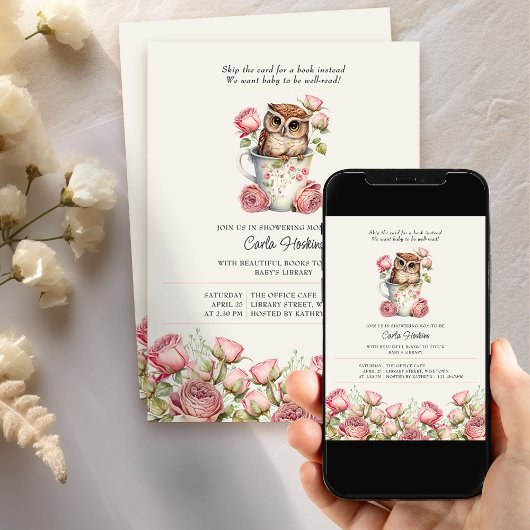 Schattigee Uil en Rozen Boeken voor Baby shower Kaart