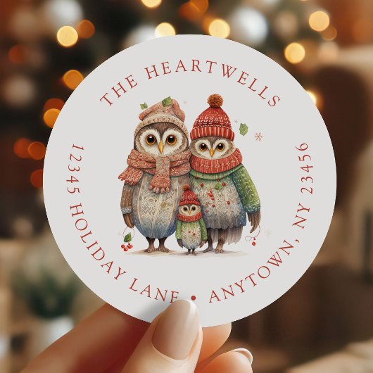 Schattigee uil familie kerst terug adres ronde sticker
