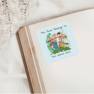 Schattigee Uil Familie Paddestoel Regen Boekplaat Vierkante Sticker