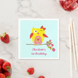 Schattigee uil geel roze bloemen gepersonaliseerde servetten