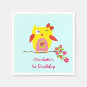 Schattigee uil geel roze bloemen gepersonaliseerde servetten (Voorkant)