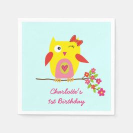 Schattigee uil geel roze bloemen gepersonaliseerde servetten