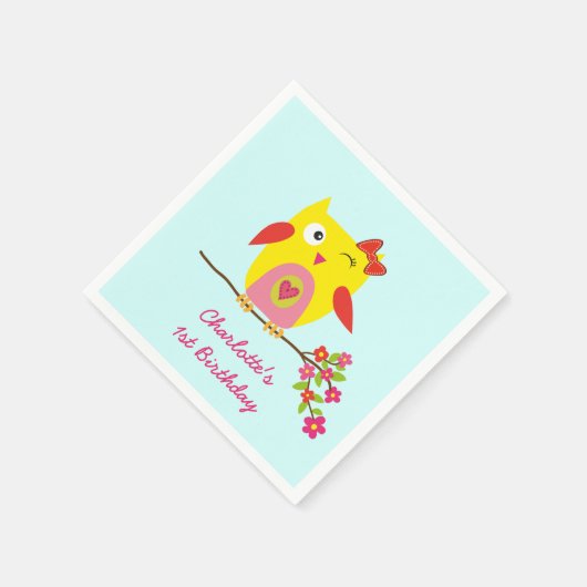 Schattigee uil geel roze bloemen gepersonaliseerde servetten (Hoek)