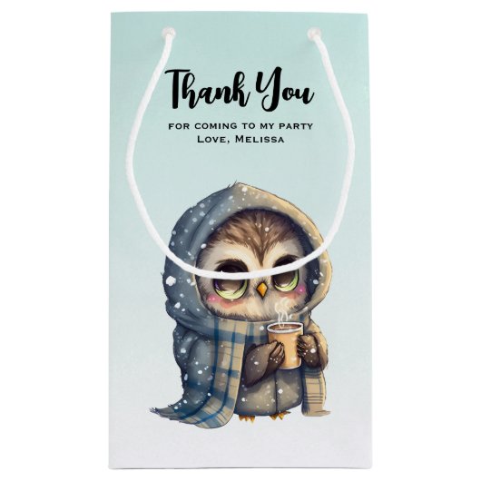 Schattigee Uil Holding een Koffiefeest Dank u Klein Cadeauzakje (Achterkant)