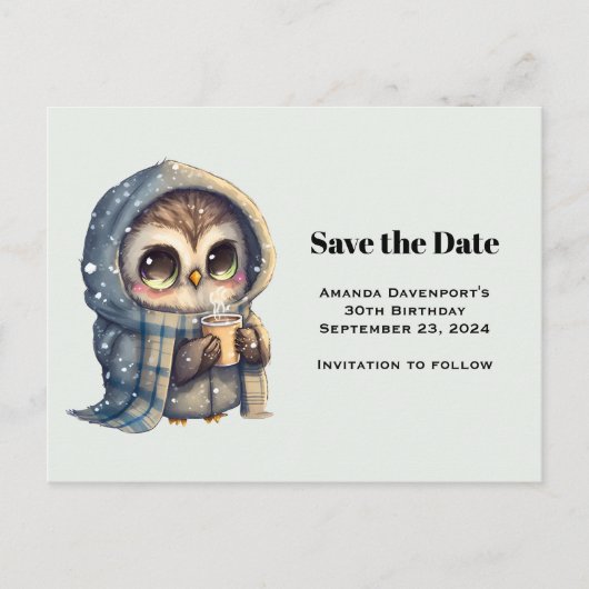 Schattigee Uil in de winter met koffie Save the Da Uitnodiging Briefkaart (Voorkant)