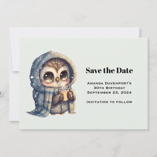 Schattigee Uil in de winter met koffie Save The Date (Voorkant)