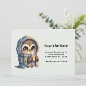 Schattigee Uil in de winter met koffie Save The Date (Staand voorkant)