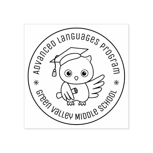 Schattigee uil in een Afstuderen Pet Ronde tekst Rubberstempel (Afrduk)