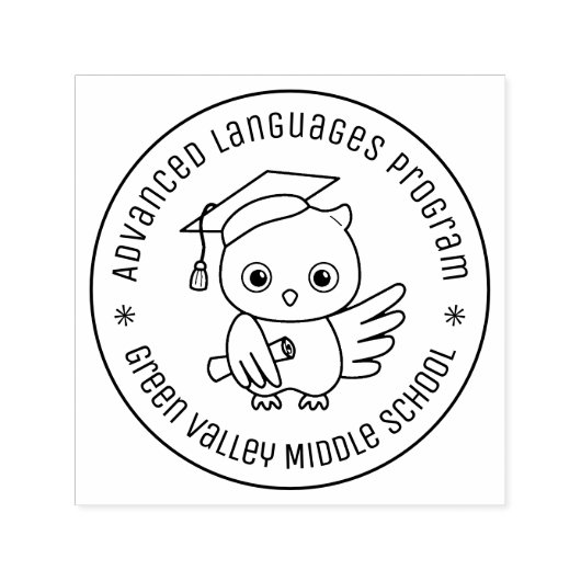 Schattigee uil in een Afstuderen Pet Ronde tekst Zelfinktende Stempel (Design)