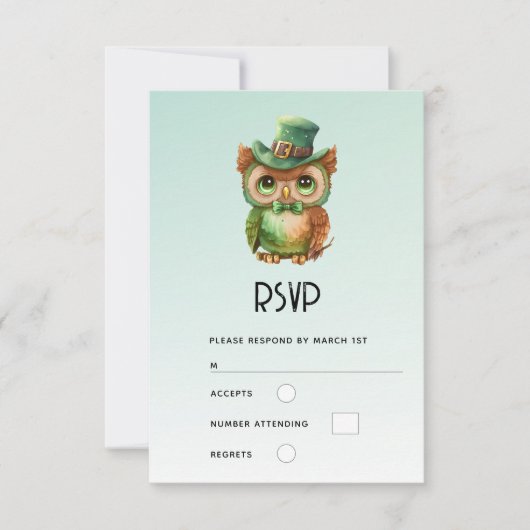 Schattigee Uil in een Groene Top Hoed Bruiloft RSVP Kaartje (Voorkant)