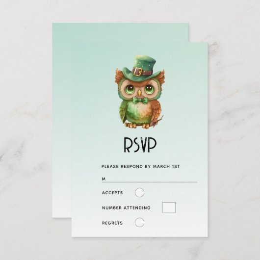 Schattigee Uil in een Groene Top Hoed Bruiloft RSVP Kaartje (Voorkant / Achterkant)