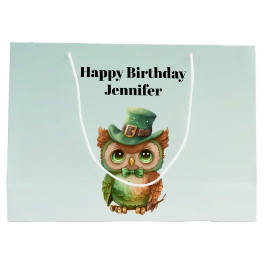 Schattigee Uil in een Groene Top Hoed Verjaardag Groot Cadeauzakje (Achterkant)