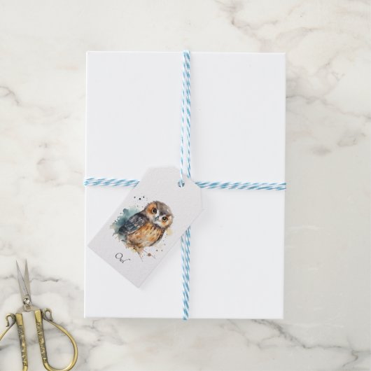 Schattigee uil in waterverf, aanpasbaar cadeaulabel (Met Touw)