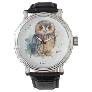 Schattigee uil in waterverf, aanpasbaar horloge