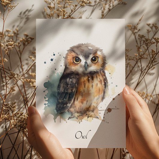Schattigee uil in waterverf, aanpasbaar kaart