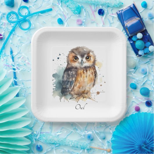 Schattigee uil in waterverf aanpasbaar papieren bordje (Feest)
