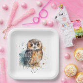 Schattigee uil in waterverf aanpasbaar papieren bordje (Feest)