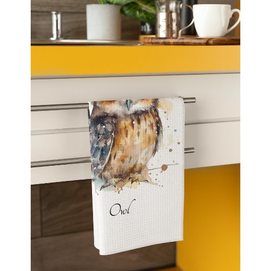 Schattigee uil in waterverf, aanpasbaar theedoek