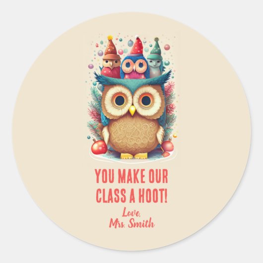 Schattigee Uil Je maakt van onze klas een hete ker Ronde Sticker (Voorkant)