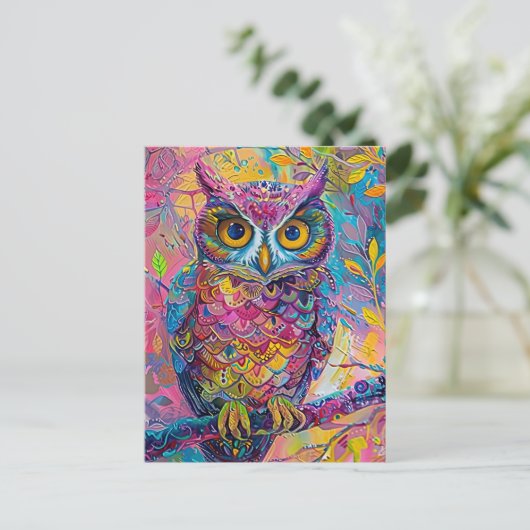 Schattigee Uil Kleurrijke Abstracte Vogel Dier Nat Briefkaart (Staand voorkant)