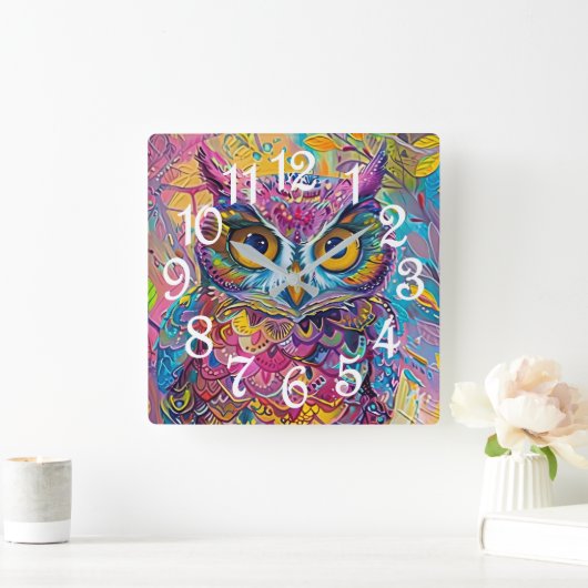 Schattigee Uil Kleurrijke Abstracte Vogel Dier Nat Vierkante Klok (Huis)