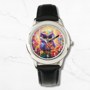 Schattigee Uil Kleurrijke Bright Floral Kinder Gir Horloge