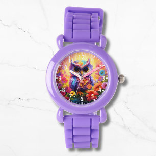 Schattigee Uil Kleurrijke Bright Floral Kinder Gir Horloge