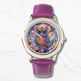 Schattigee Uil Kleurrijke Bright Floral Moon Kinde Horloge