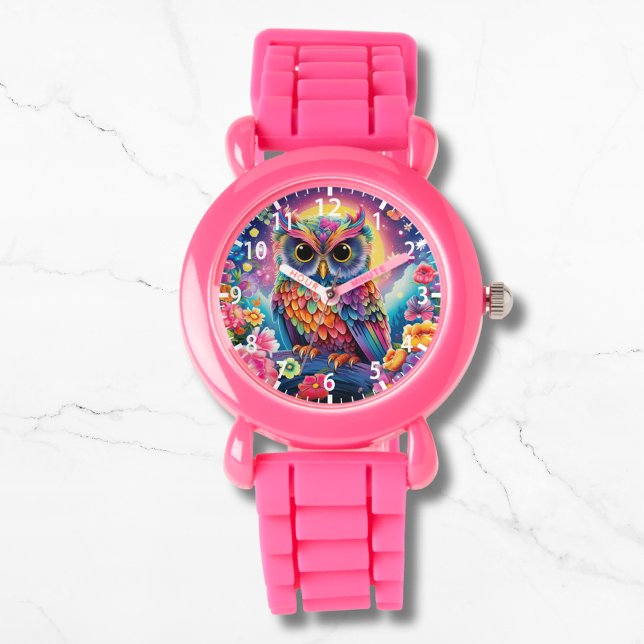 Schattigee Uil Kleurrijke Bright Floral Moon Kinde Horloge (Creator heeft geüpload)